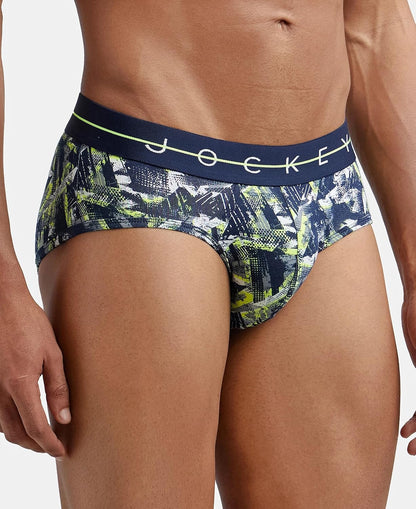 Jockey printed stretch brief in navy and green tropical print, angled view