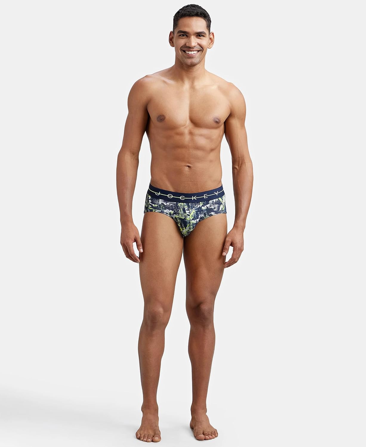 Full-length view of a model wearing Jockey printed stretch briefs