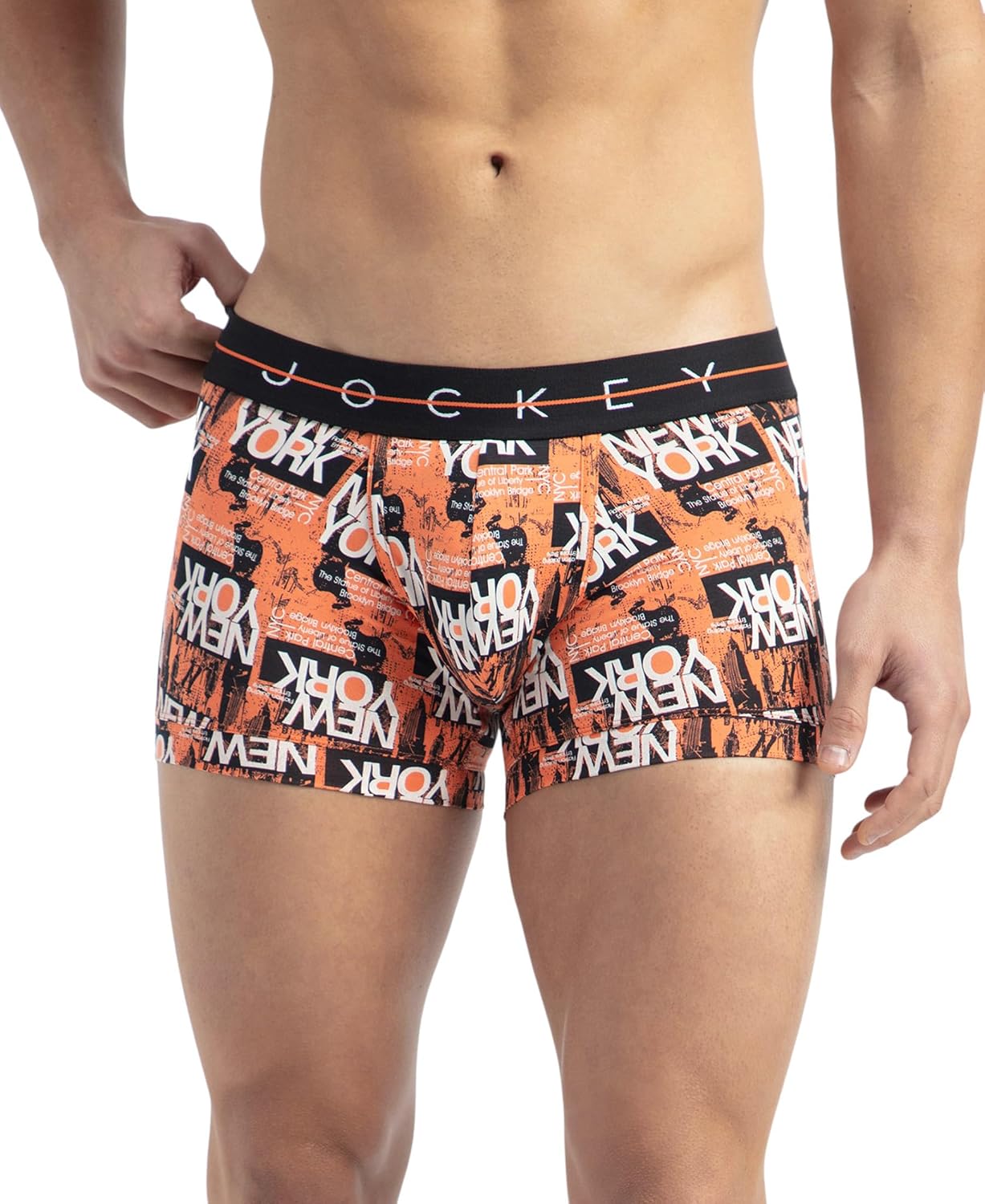 Jockey men's orange New York print cotton elastane stretch trunk, front view