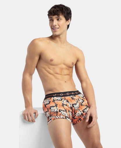 Model standing in Jockey printed cotton elastane stretch trunks