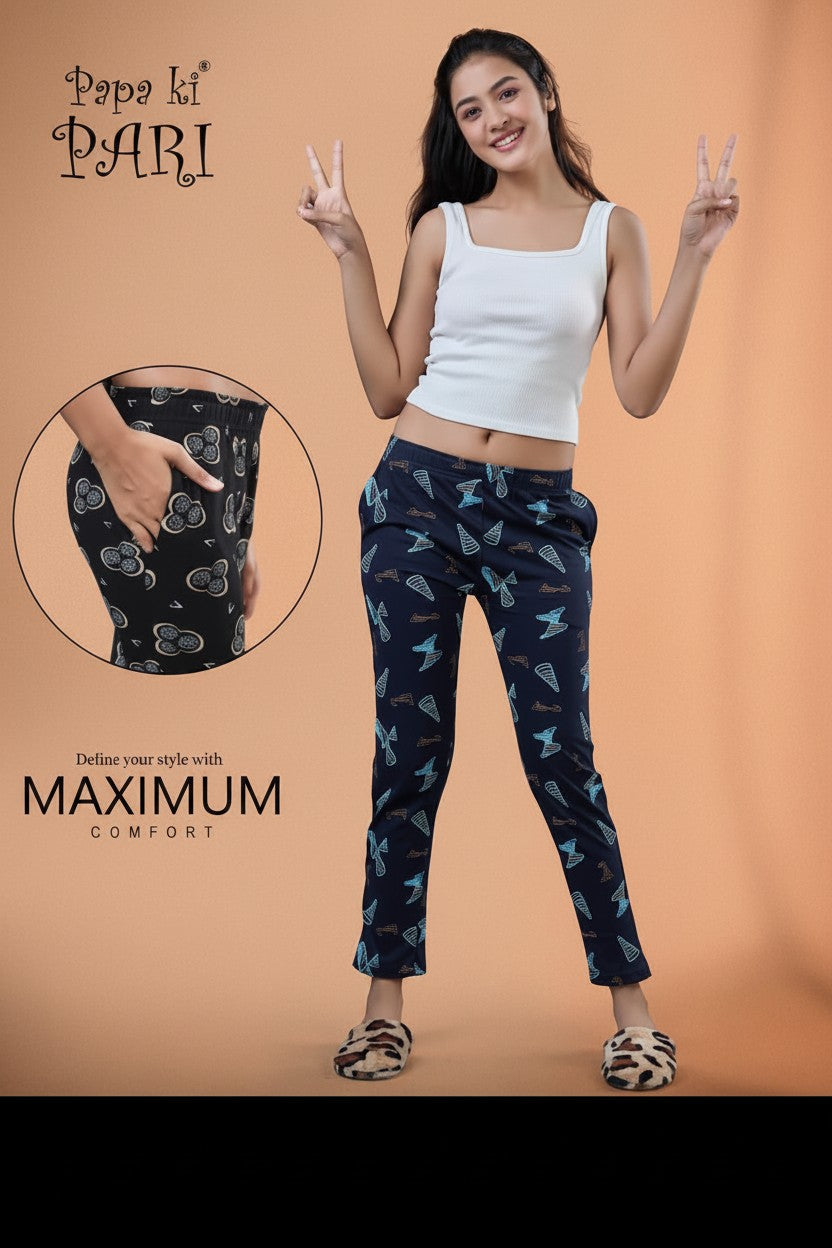 Papa ki Pari girls navy blue bird print trackpant with drawstring waist