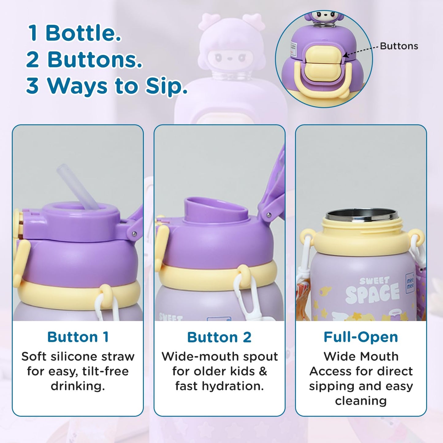 One bottle, two buttons, three ways to sip with the Mee Mee Oasis cup