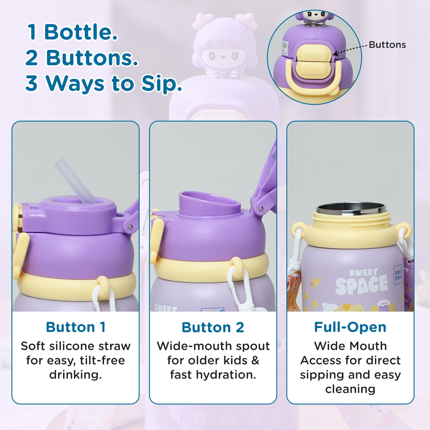 One bottle, two buttons, three ways to sip with the Mee Mee Oasis cup