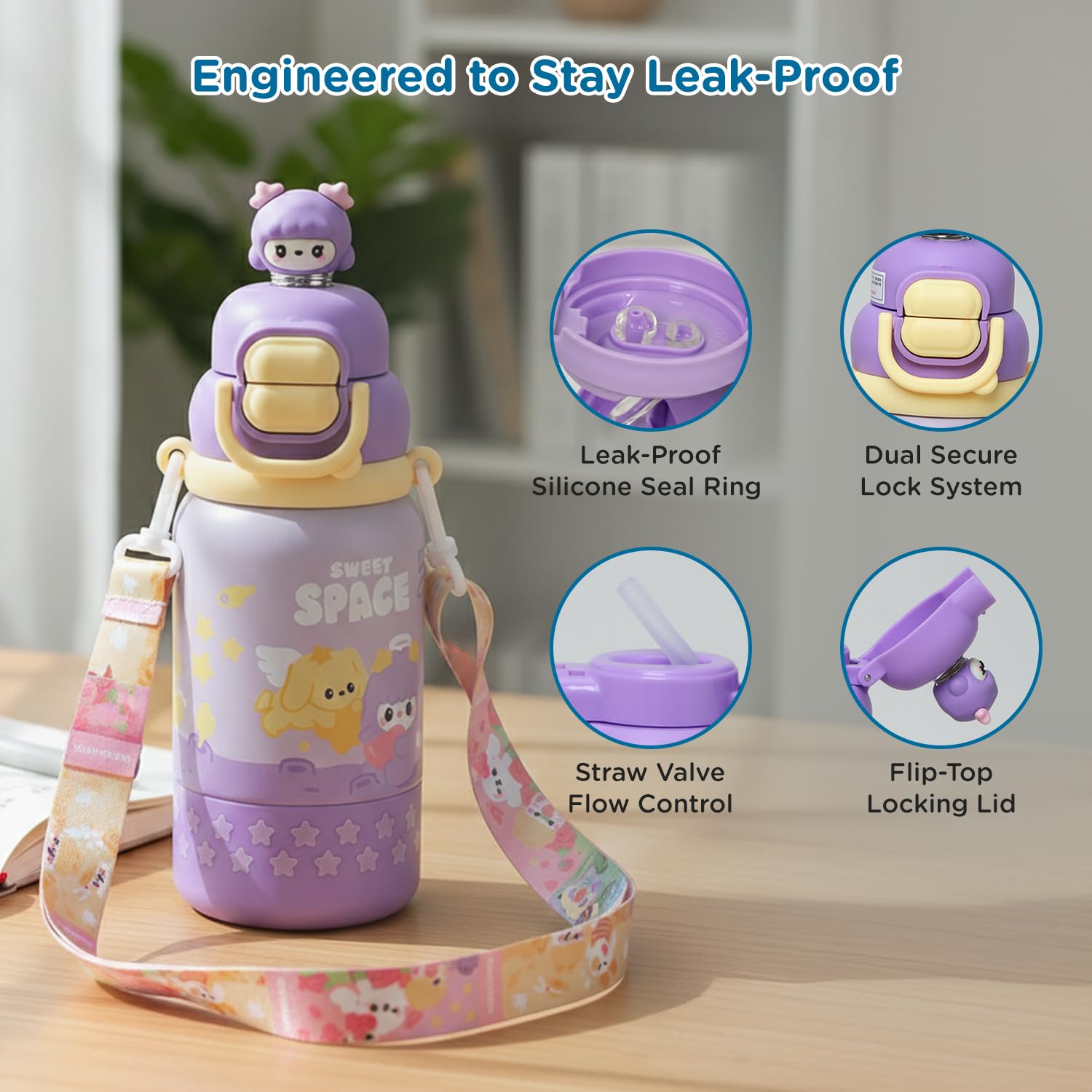 Purple Mee Mee Oasis sipper cup shown with its silicone straw and spout parts