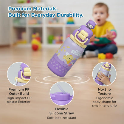 Toddler carrying the Mee Mee Oasis insulated bottle by its silicone strap