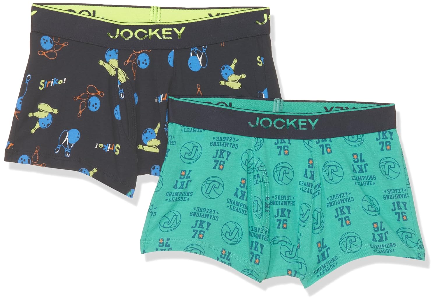 Jockey boys elastane trunks in black and turquoise print, two-pack