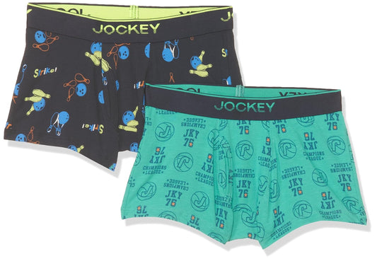 Jockey boys elastane trunks in black and turquoise print, two-pack