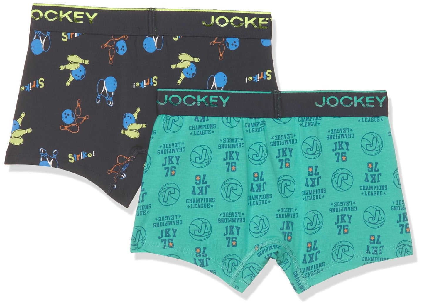 Jockey boys black printed elastane trunk with turquoise trunk beside it