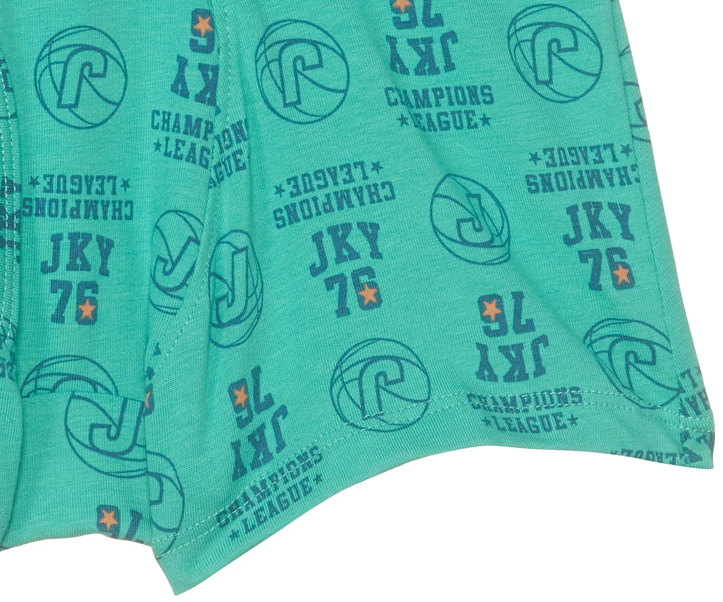 Close-up of the print detail on a Jockey boys turquoise elastane trunk