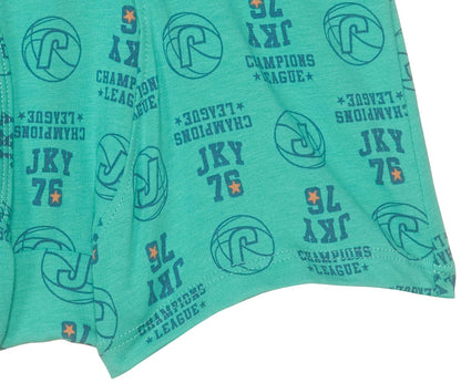 Close-up of the print detail on a Jockey boys turquoise elastane trunk