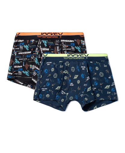 Jockey boys elastane trunks in navy print and yellow waistband, two-pack