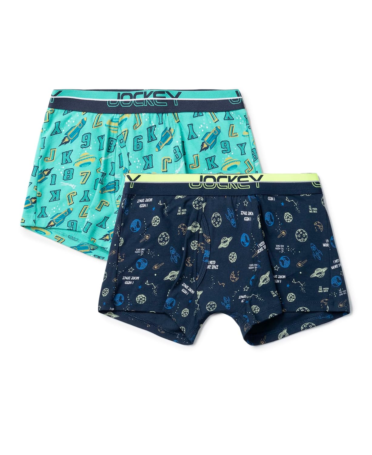 Jockey boys elastane trunks in turquoise and navy print, two-pack