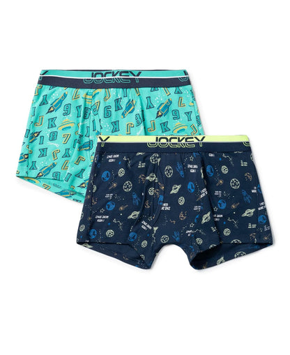 Jockey boys elastane trunks in turquoise and navy print, two-pack