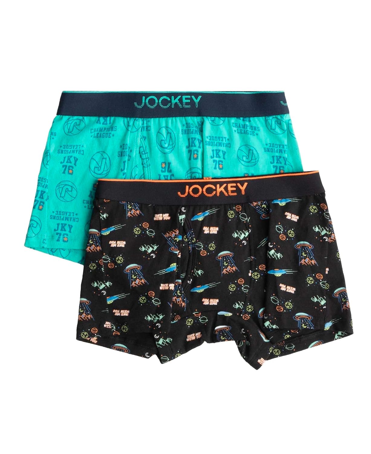 Jockey boys elastane trunks in turquoise and black print, two-pack