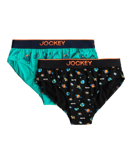 Jockey boys printed cotton briefs in turquoise and black, two-pack