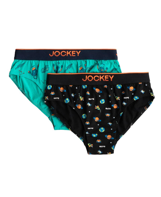 Jockey boys printed cotton briefs in turquoise and black, two-pack