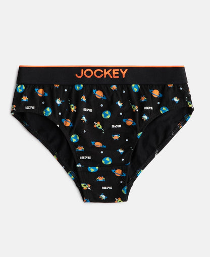 Jockey boys black printed cotton brief laid flat, front view