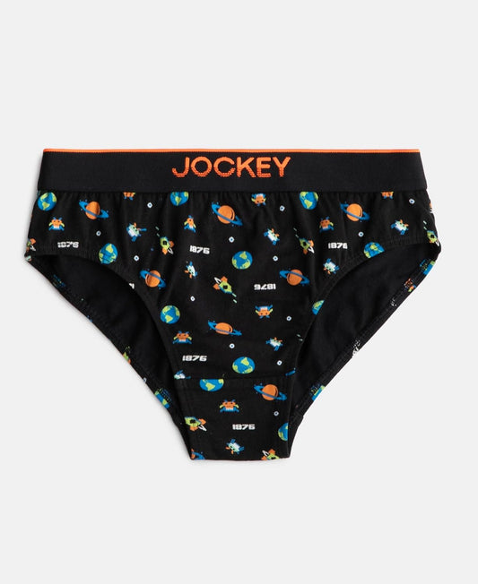 Jockey boys black printed cotton brief laid flat, front view