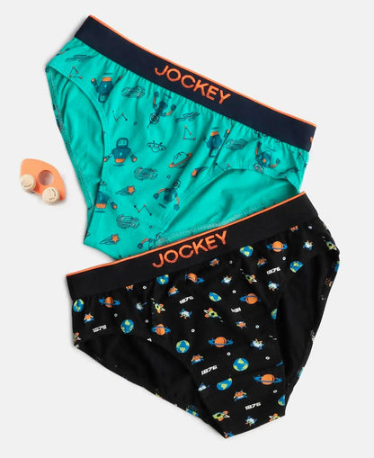 Jockey boys printed cotton briefs in turquoise and black shown with a toy