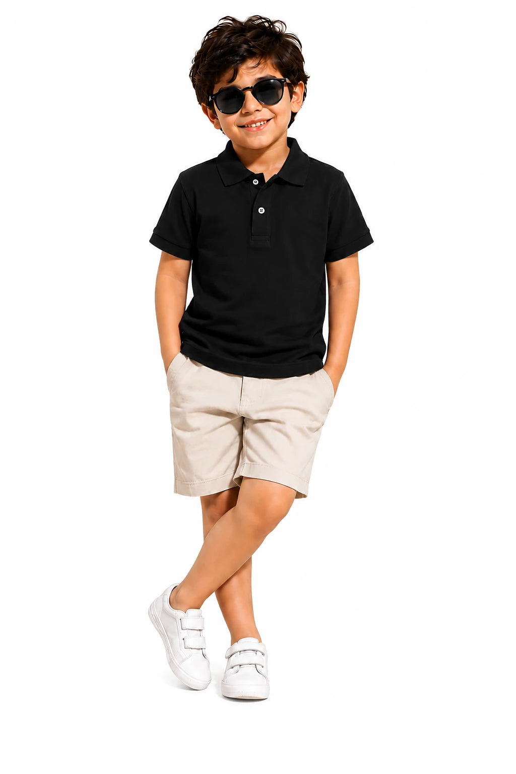 Boy wearing a BB black half sleeve premium polo t-shirt with beige shorts