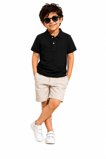 Boy wearing a BB black half sleeve premium polo t-shirt with beige shorts