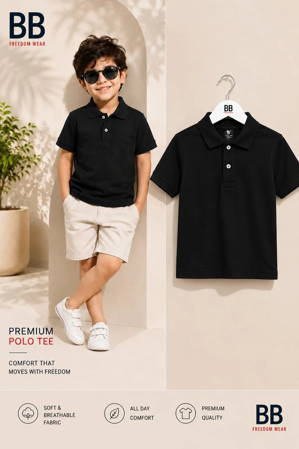 BB boys black premium polo t-shirt shown on a model and on a hanger