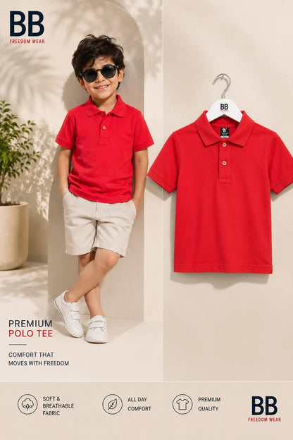 BB boys red premium polo t-shirt shown on a model and on a hanger