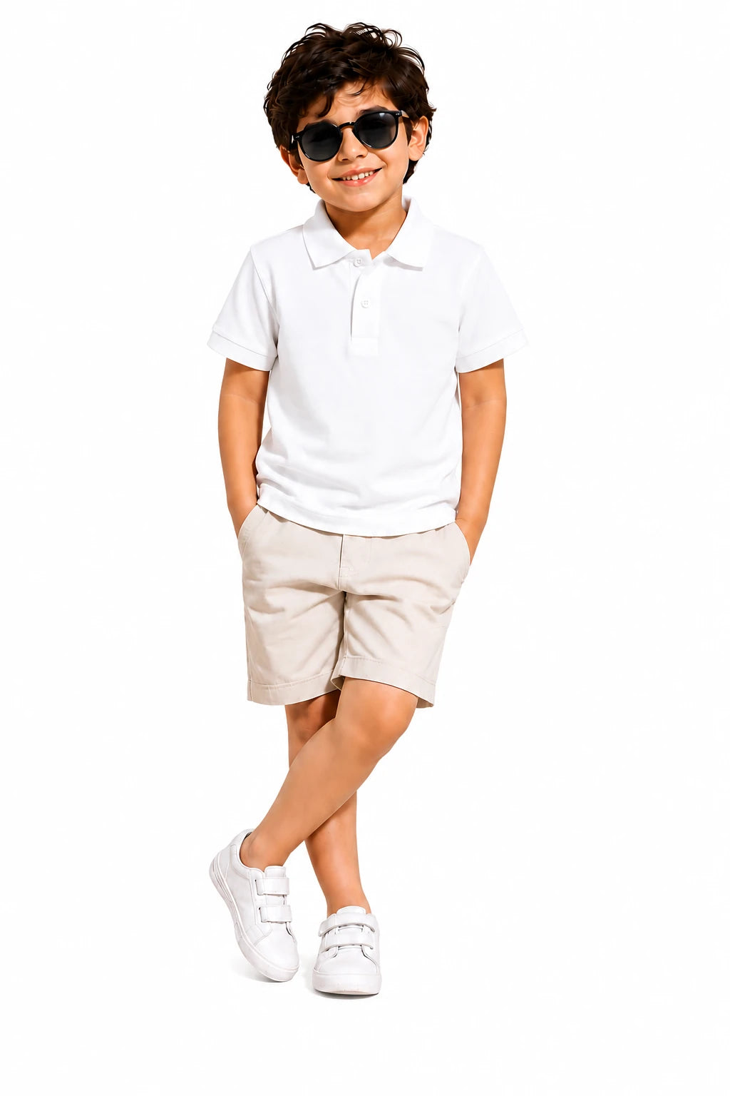 Boy wearing a BB white half sleeve premium polo t-shirt with beige shorts