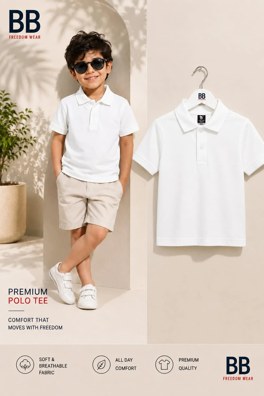 BB boys white premium polo t-shirt shown on a model and on a hanger