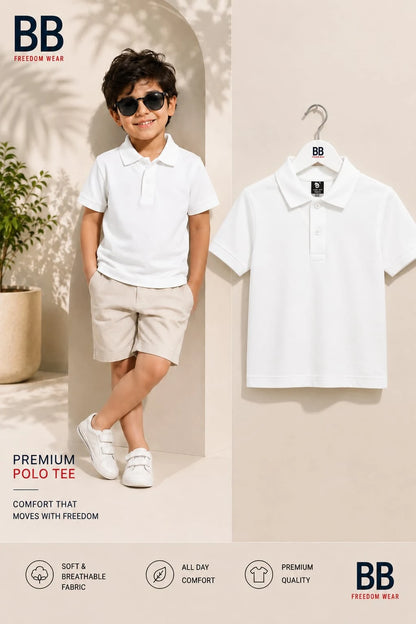 BB boys white premium polo t-shirt shown on a model and on a hanger