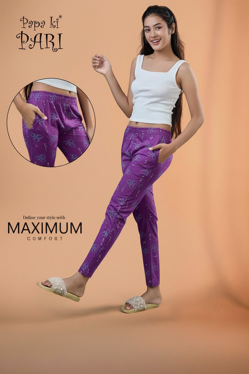 Papa ki Pari girls purple butterfly print trackpant with side pockets