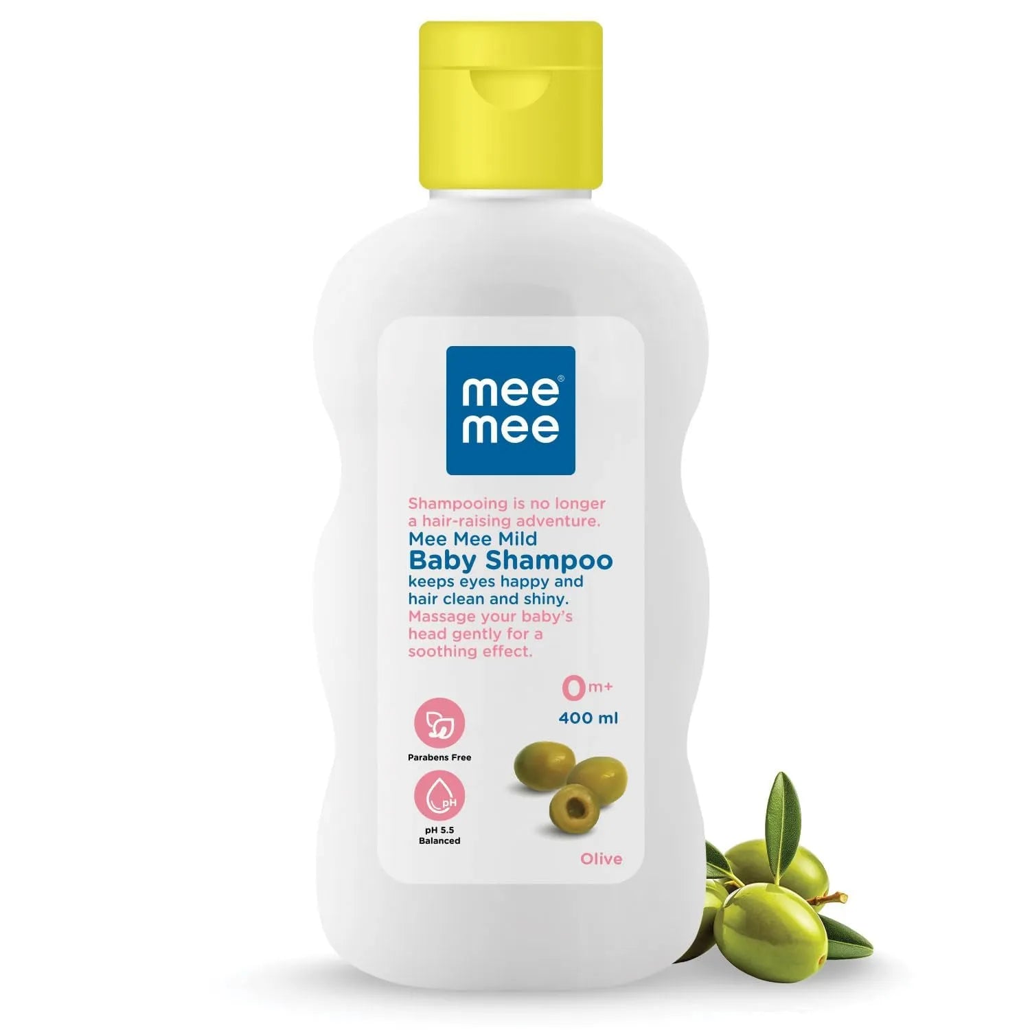 Mee Mee gentle tear-free baby shampoo bottle shown with olive leaves