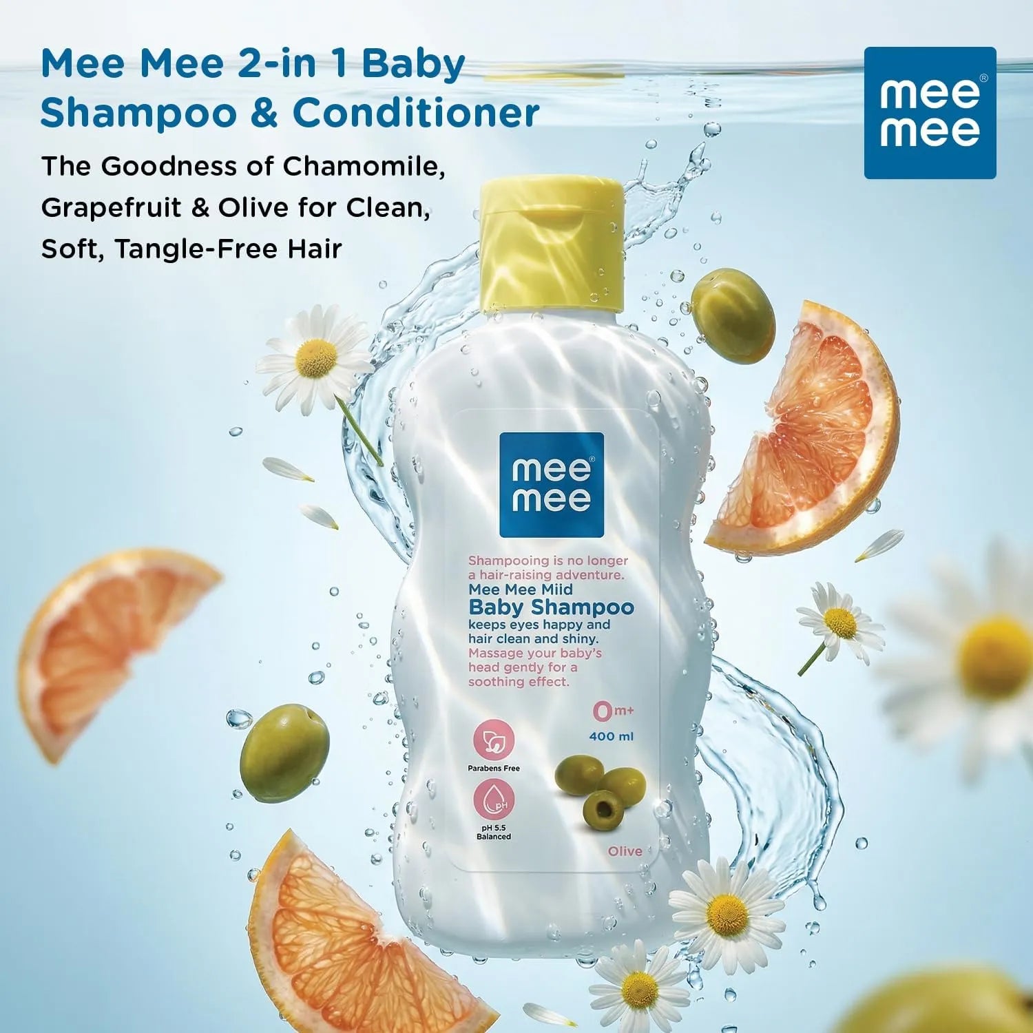 Mee Mee 2-in-1 baby shampoo and conditioner with a citrus and water splash