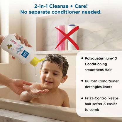 Mee Mee shampoo cleanses and conditions in one step, no separate conditioner needed