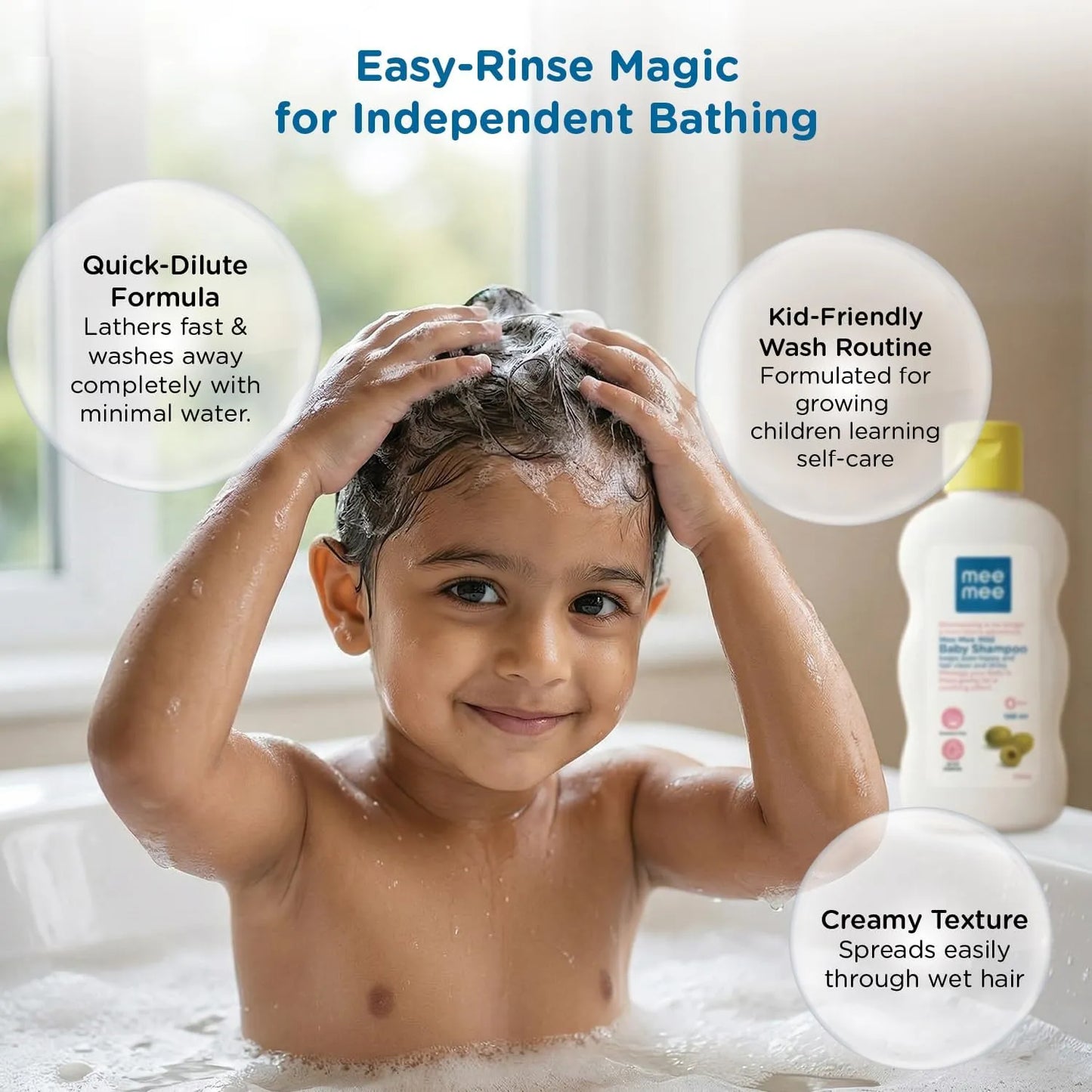 Child washing their own hair with easy-rinse Mee Mee tear-free baby shampoo