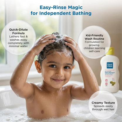 Child washing their own hair with easy-rinse Mee Mee tear-free baby shampoo