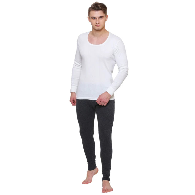 White Bodycare thermal top paired with charcoal melange thermal bottom for men