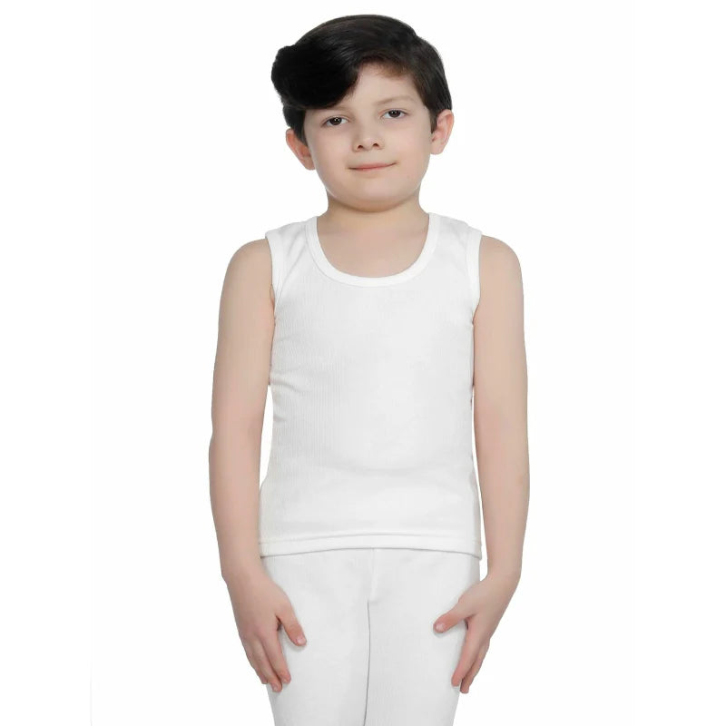 Child wearing a white Bodycare sleeveless thermal top with matching thermal bottom