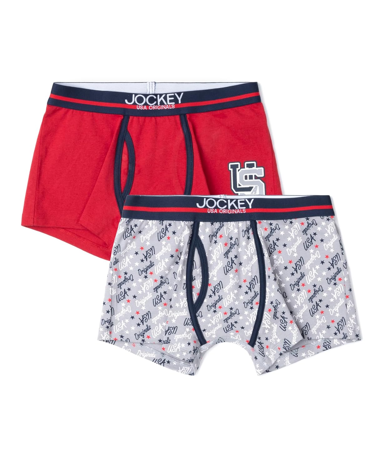 Jockey boys ultrasoft trunks in red and grey print, two-pack shown together