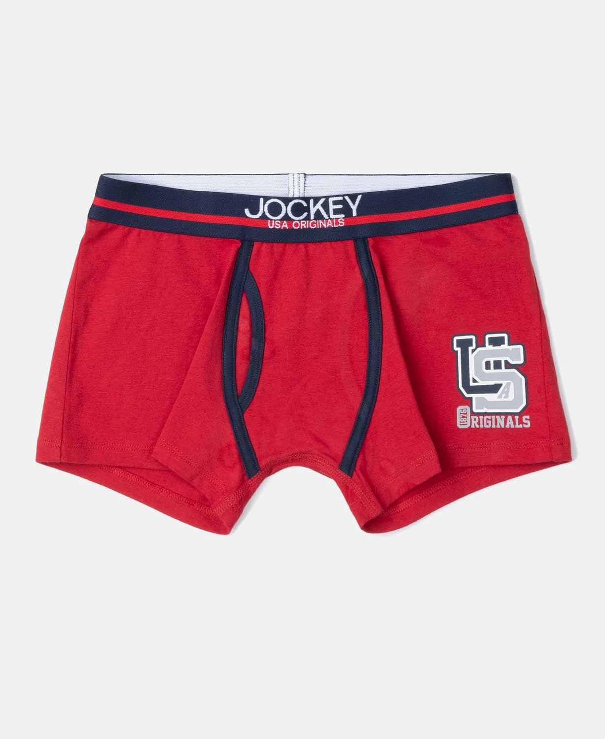 Jockey boys red ultrasoft trunk with navy logo waistband and drawstring