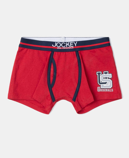 Jockey boys red ultrasoft trunk with navy logo waistband and drawstring