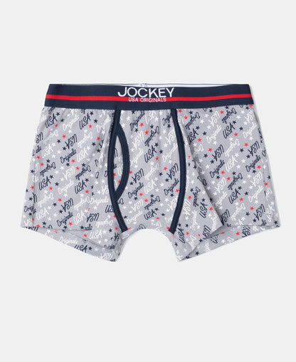 Jockey boys grey printed ultrasoft trunk with red waistband, front view
