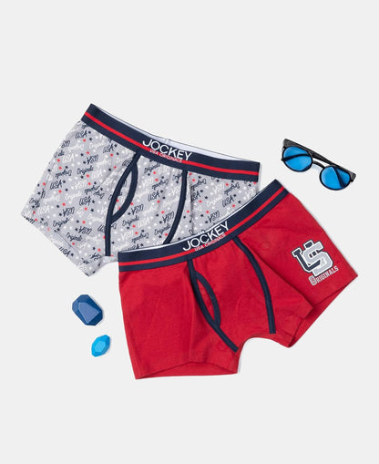 Jockey boys ultrasoft trunks in red and grey shown with sunglasses