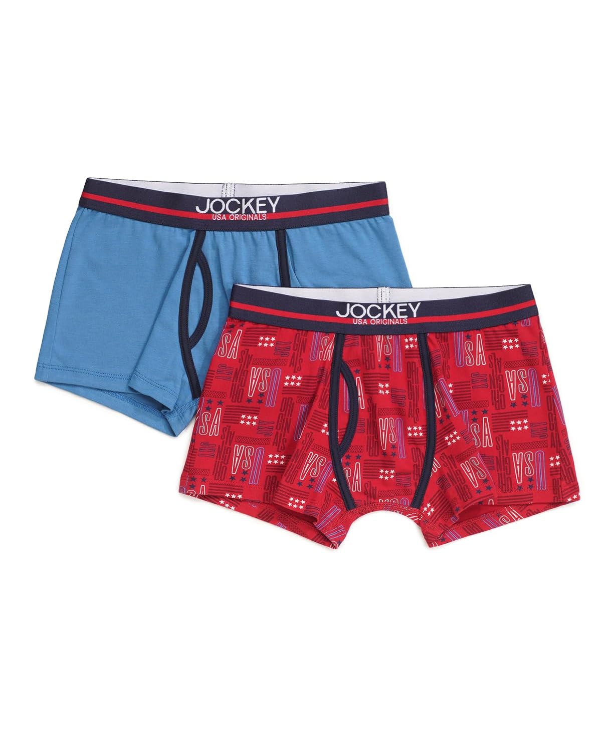 Jockey boys ultrasoft trunks in light blue and red print, two-pack