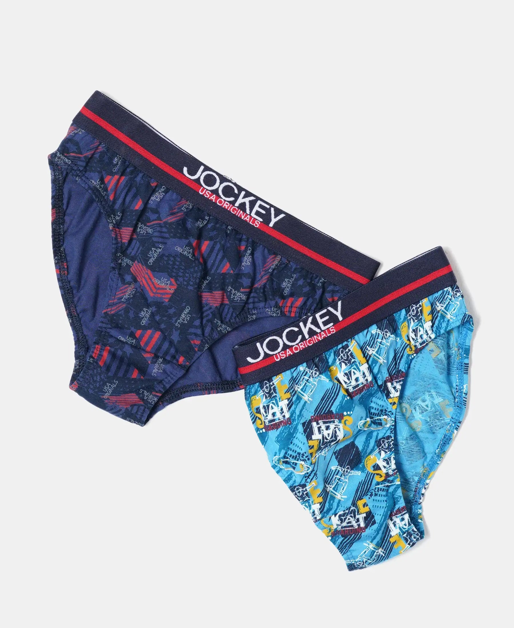 Jockey boys navy and blue printed cotton briefs shown at an angle
