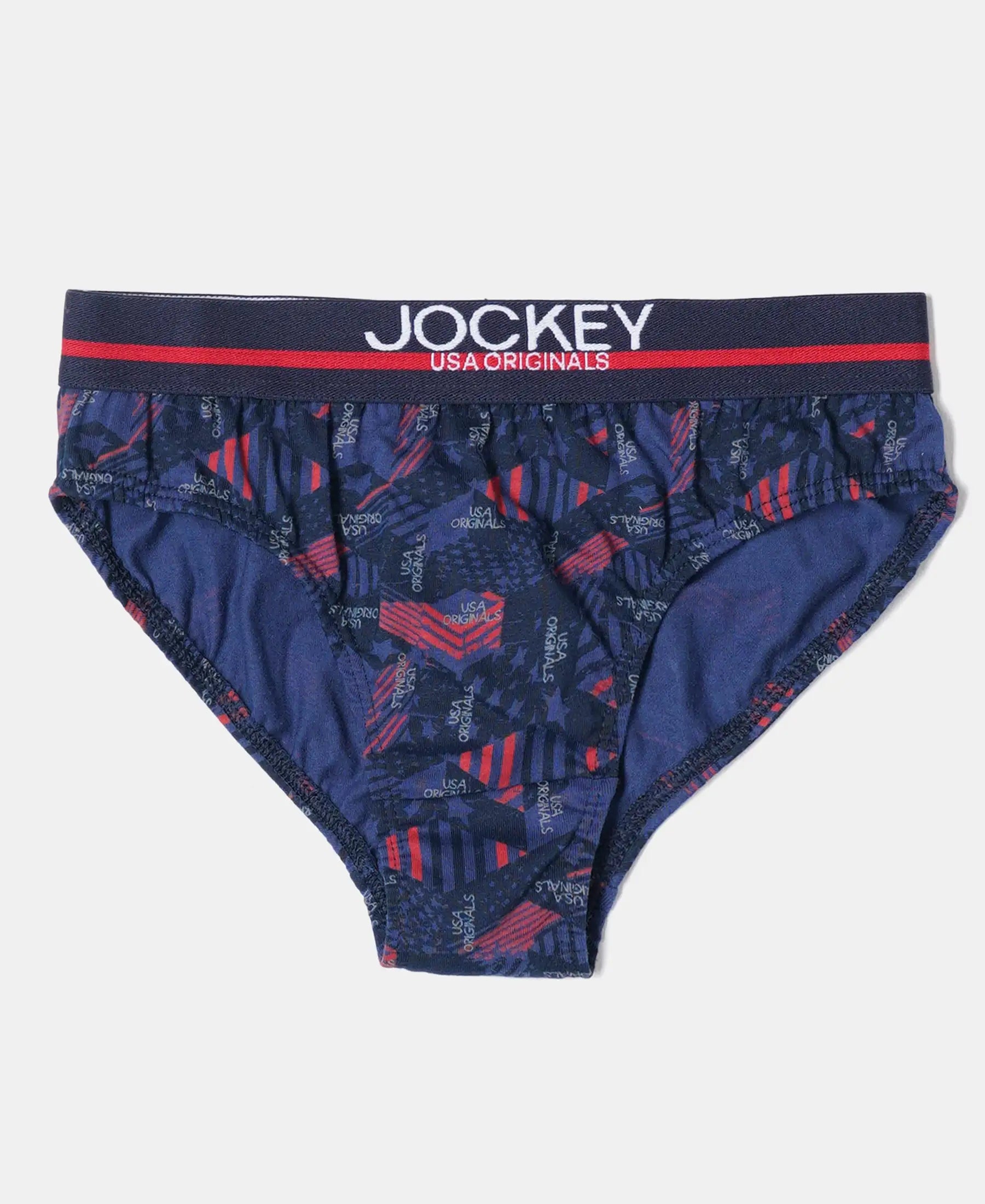 Jockey boys navy printed cotton brief with red logo waistband, front view