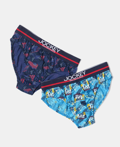 Jockey boys printed cotton briefs in navy and light blue, stacked