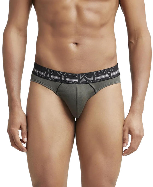 Jockey men's olive cotton rib brief with logo waistband, front view on model