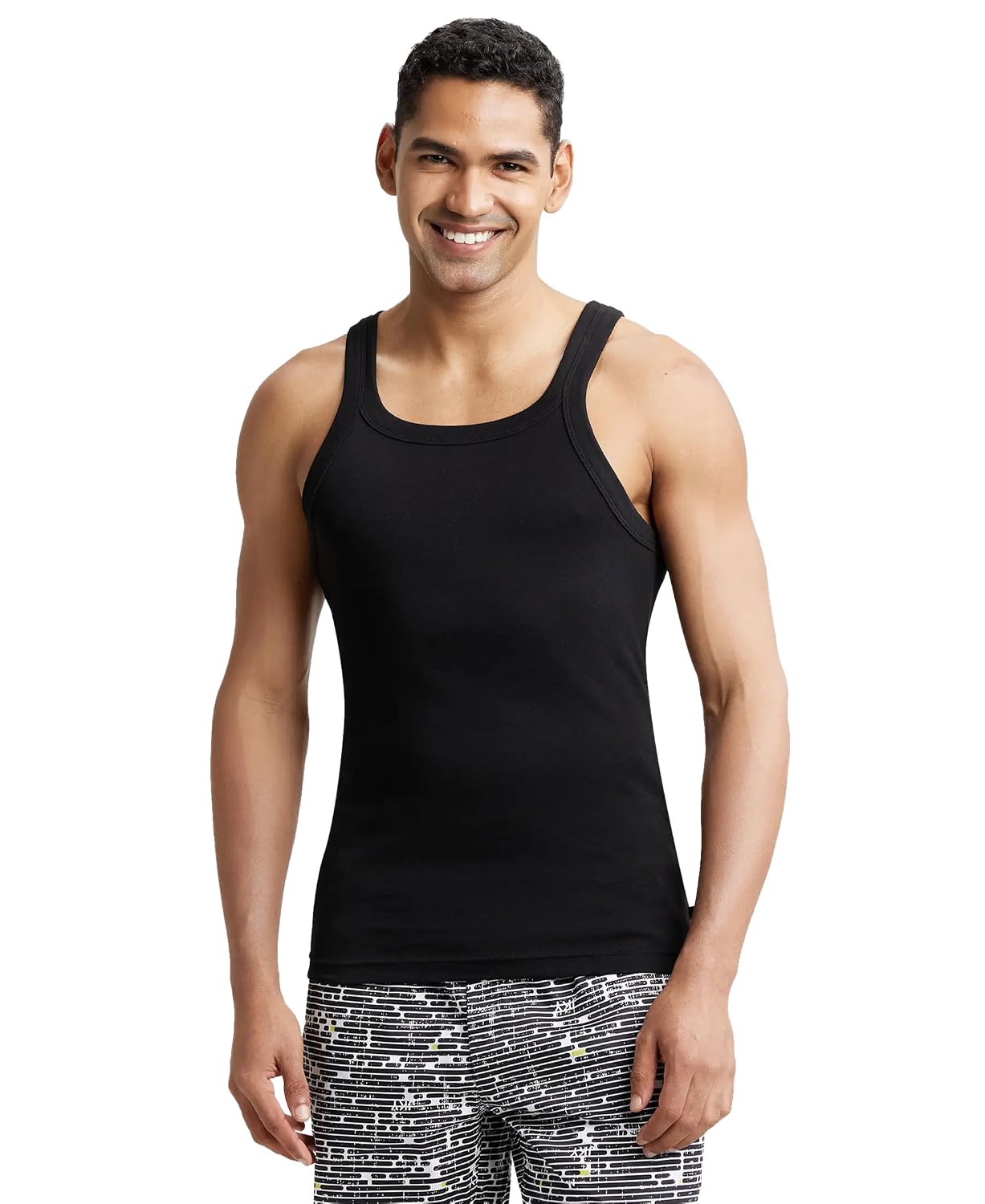 Jockey US26 men's black sleeveless cotton gym vest, front view on model