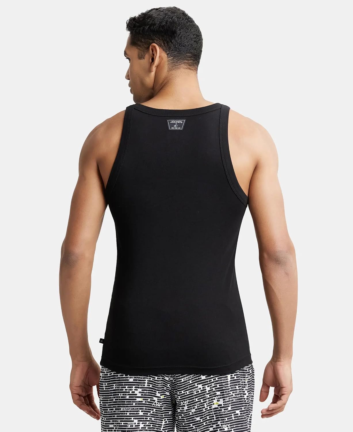 Back view of a Jockey US26 men's black sleeveless cotton vest